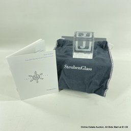 Steuben Crystal Monogrammed J Block With Original Box And Dust Bag