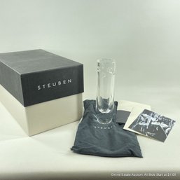 Steuben Crystal Tube Vase With Heart Details Along Top, In Original Box