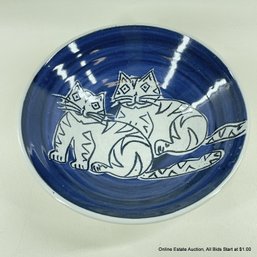 Signed Glazed Pottery Bowl With Cat Design