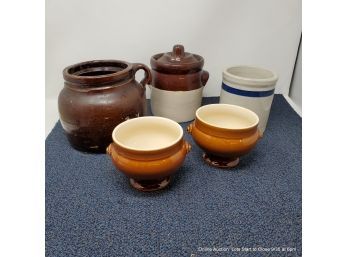 Lot Of Five Assorted Crocks, One With Lid