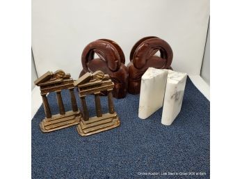 Three Pairs Of Bookends: Marble 'books', Cast Metal Classical Ruins, Wood Rams