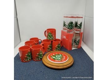 Large Lot Of Waechtersbach Christmas Mugs, Glasses And A Teak Trivet