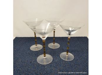 Lot Of Four Martini Glasses With Gold-striped Stems