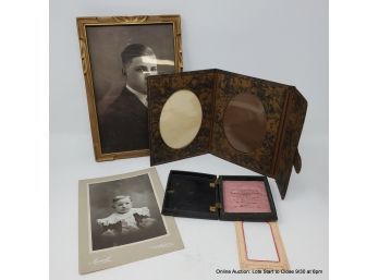 Two Vintage Photos, Daguerreotype Case, Leather Photo Folio