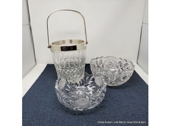 Glass Ice Bucket And Two Cut Crystal Serving Bowls