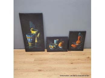 Set Of Three Mid Century Still Life Paintings On Burlap