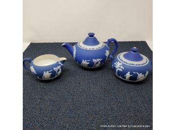 Wedgwood Cobalt Creamer, Sugar And Tea Pot