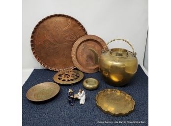 Lot Of Brass & Copper Wares And A Chinese Mud Man Figure