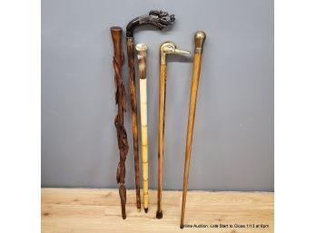 Lot Of 5 Canes, Horn, Brass And Wood