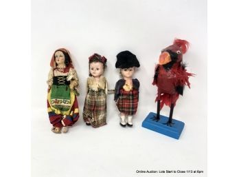 Lot Of 3 Dolls And A Paper Mache Bird