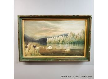 Antique Oil On Canvas Of Icebergs