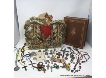 Lot Of Religious Items, 3D Standing Paper Nativity, Book Box, Rosery