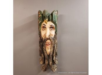 Carved And Painted Wood Mask Man With Bird