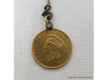 90 Gold Pendant Front : Circa 1856 US Indian Head $1 Coin, Reverse : Initial K