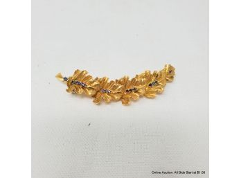 18K Yellow Gold Brooch Feature A Leaf Motif With Sapphires Total Weight 13grams