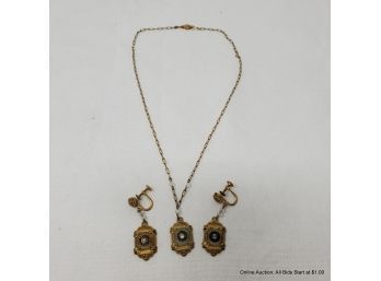 Edwardian - Period Necklace And Screw-back Earring Set With Carved Glass And Enamel Details