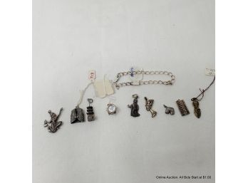 Sterling Silver Bracelet And Unattached Nine Loose Charms