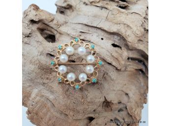 One (1) 14K Yellow Gold Pin Features Akoya Pearls And Turquoise Cabochons 6.05grams