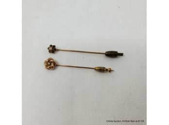 Two 14 K Yellow Gold And Diamond Stick Pins 4grams