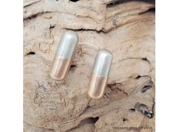 Pair Of 14k Rose Gold And Sterling Silver Pill Capsule-form Stud Earrings.