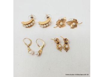 Four Pairs Of14K Yellow Gold And Akoya Pearl Earrings Total Weight 18 Grams