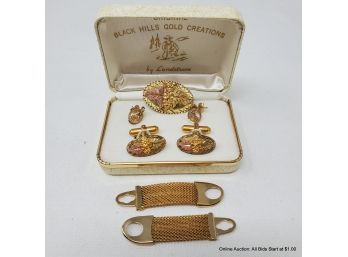 10 K And 12 K Black Hills Yellow And Rose Gold Earring Cufflinks And Bolo & Two Unmarked Cufflink Accessories