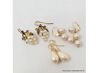 Three (3) Pairs Of Freshwater And Faux Pearl Earrings