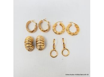 Four (4) Sets Of Gold Toned, Hoop Style Earrings. Total Weight - 40.23 Grams.