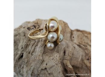 One 14K Yellow Gold Rings Feature Cultured Akoya Pearls. Total Weight - 8 Grams. Size 6