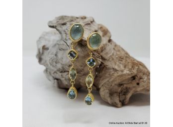 One Pair Of 22K Yellow Gold Earring Having Bezel Set Cabochon And Faceted Aqua Marine Stones Total Weight 7gr