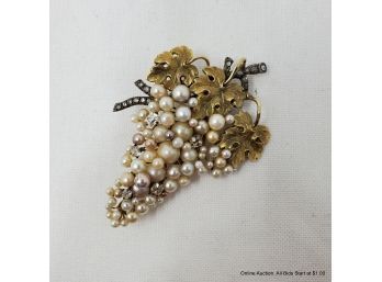 18K Yellow Gold & Sterling Silver Art Nouveau Brooch With Saltwater Pearls And Diamonds Total Wight 23.72 Gram