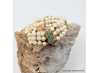 One (1) Three-strand Cultured Akoya Pearl Bracelet With Sapphires And Dyed Green Chalcedony Clasp And Spacers