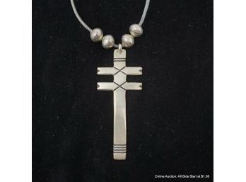 One Sterling Silver Cross On Cord Necklace Cross Measuring 3.25' Total Weight 36 Grams