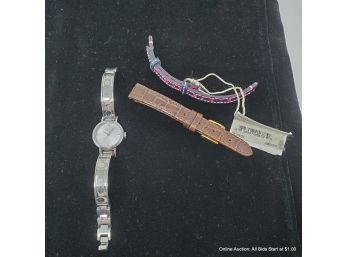 Coach Stainless Steel Ladies Wristwatch &  Two Leather Watch Bands Bulova And Coach