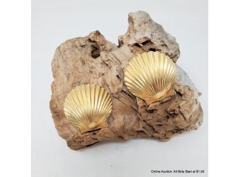 Two 14K Yellow Gold Shell Pins Measure 40.8mm Long By 41.4mm Wide, Finished With Double Pin Backs Weight 36.3g