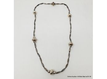 Silver Tone Beaded Necklace With Floral Beads