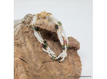 One (1) Four-strand Cultured Akoya Pearl Bracelet With Tourmaline Beads And Corrugated Ball Clasp.