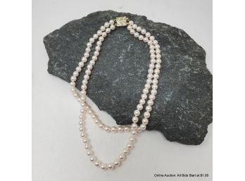 One Double Strand Cultured Pearl Necklace With 14K Gold And Diamond Clasp 17in