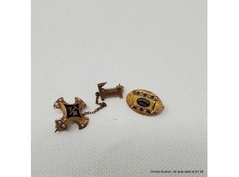 14K Yellow Gold Alpha Tau Phi  Lapel Pin And Erasmus Hall With Pearls Pin Total Weight 4.2 Grams