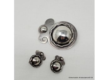 Handmade Mid-Century Sterling Silver Brooch And Clip Earring Set Total Weight 30Grams