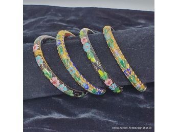 Collection Of Four Complementary Hinged Cloisonn Bangle Bracelets Having Complementary Floral Designs