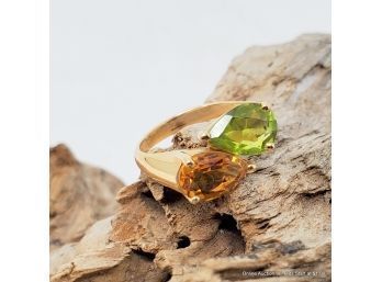 One 14K Yellow Ring Features One Pear Mixed Cut Peridot & One Pear Mixed Cut Citrine. Ring Weighs 3.07 G