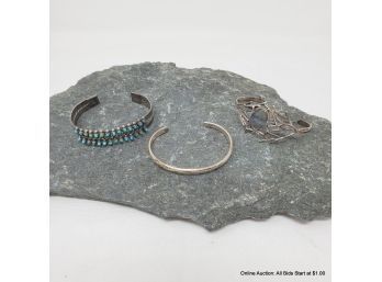 Collection Of Three Sterling And Stone Cuff Bracelets