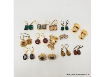 Thirteen Sets Of Gold Toned Earrings Featuring Colored And/or White Rhinestones Total Weight - 85.06 Grams