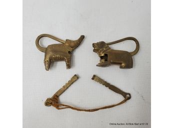 Two Chinese Animal Form Brass Lock And Keys