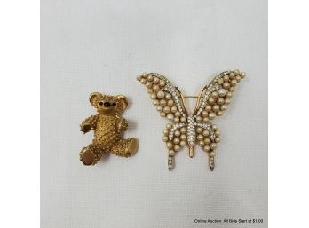 Two Costume Brooches Trifari Butterfly And Boucher Teddy Bear