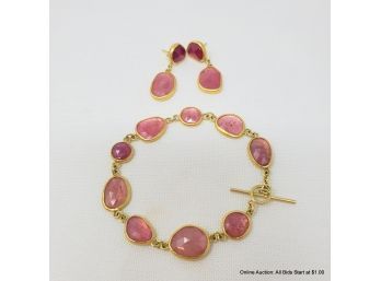 22/18K Artisanal Pink Topaz Signed Post Dangle Earring And Bracelet Set Total Weight 21 Grams