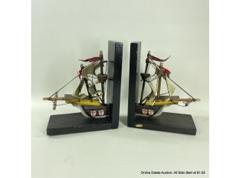 Vintage Spanish Galleon Themed Wooden Bookends