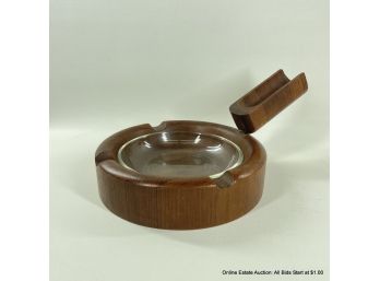 Vintage Dunhill Wood Ashtray With Pipe Holder And Glass Liner