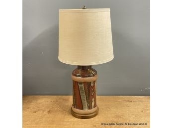 Art Pottery Table Lamp With Wood Base And Linen Shade